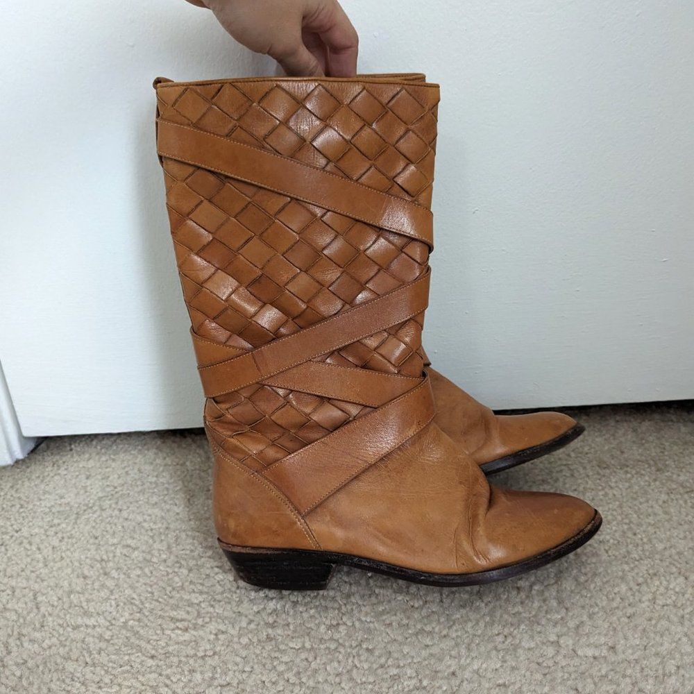 Vintage Bass Light Brown Leather Woven Heeled Boots Women's Size 7